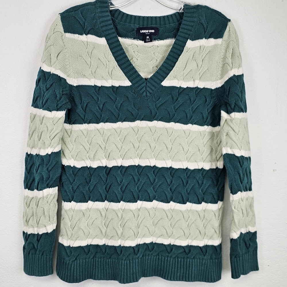 Lands End Drifter Sweater Green Stripes Cable Knit Pullover Cotton Sz M Academia - Picture 1 of 11